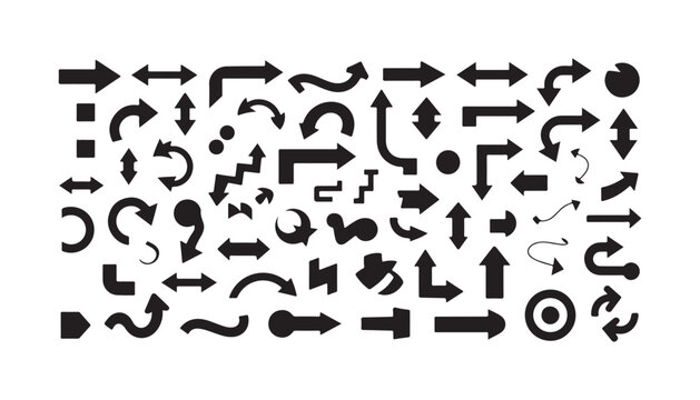 Large collection of diverse black arrow icons in various shapes and directions on transparent background.