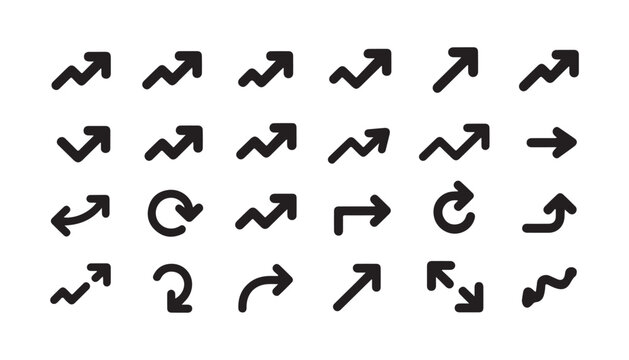 Set of black linear arrow icons with jagged and curved lines indicating trends and directions.