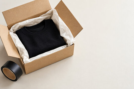 Schwarzer Pullover mit Seidenpapier im Versandkarton