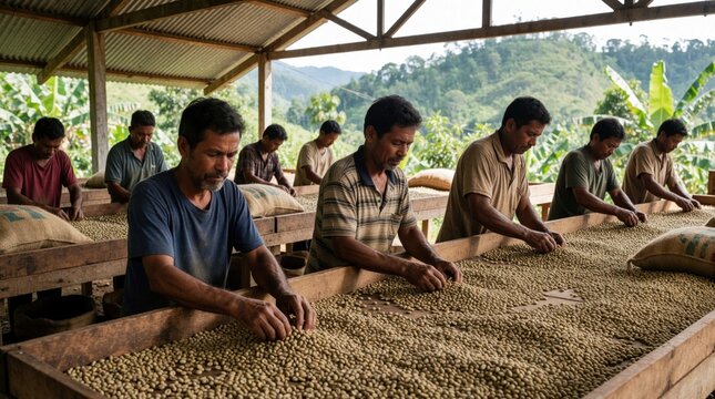 Local farmers sort raw green coffee beans at community processing station. Group of men work together in rural farm building to prepare harvest. Agriculture workers manually clean seeds for fair