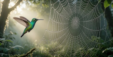 Obraz premium Small colorful hummingbird flies near large spider web covered in morning dew. Tiny water droplets glisten on silk threads in misty forest. Bright sunlight shines through green trees during sunrise
