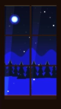 Pixel window night view animation with snow, moon, forest, and stars