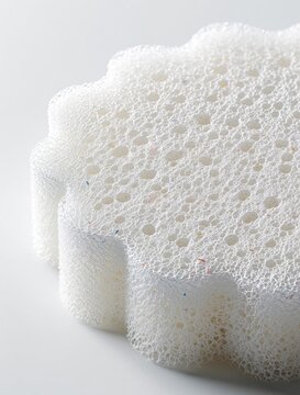 Close up of white porous sponge texture. Soft absorbent foam material for kitchen cleaning bathroom hygiene. Macro view of bubbly surface, holes in domestic utility tool. Clean household product used