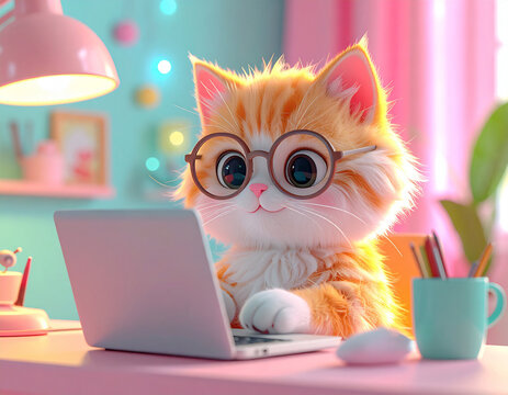 丸メガネをかけてパソコンで仕事をするかわいい子猫のイラスト/Cute orange tabby kitten wearing round glasses working on a laptop computer