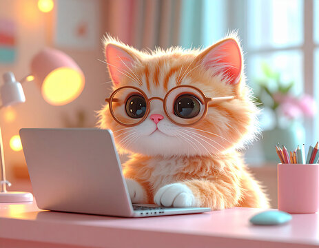 丸メガネをかけてパソコンで仕事をするかわいい子猫のイラスト/Cute orange tabby kitten wearing round glasses working on a laptop computer