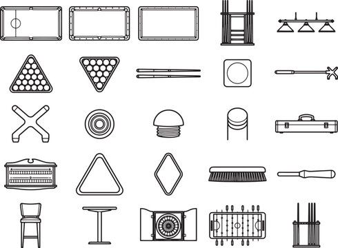 Collection of line art illustrations depicting various game table accessories and elements, including pool cues, billiard balls, racks, chalk, a scoreboard, a foosball table, and a bar stool.