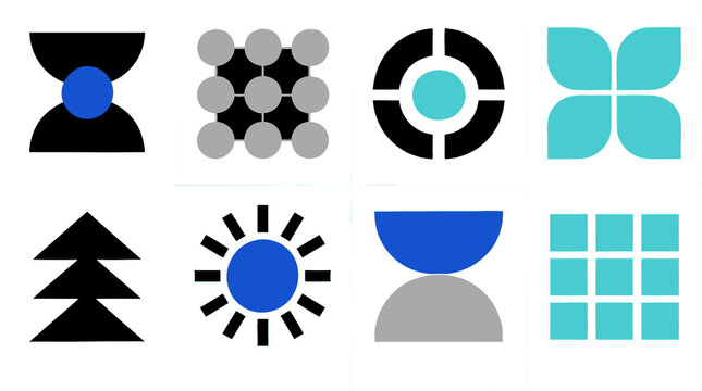 Minimalist geometric logo mark collection, Bauhaus style abstract technology symbols, Flat corporate identity UI elements pack, Modern blue and black vector shapes set, Minimal app icon grid template 
