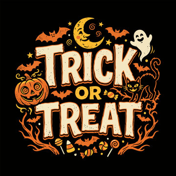 Trick Or Treat Vintage Halloween Pumpkin Ghost Black Cat