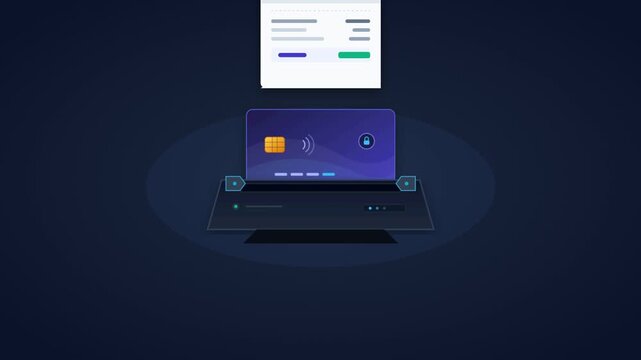 Animated vector payment terminal processing credit card on dark display
