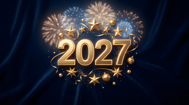 2027 New Year Celebration Holiday Background with Golden Numbers, Sparkling Fireworks, Stars and Blue Velvet Design