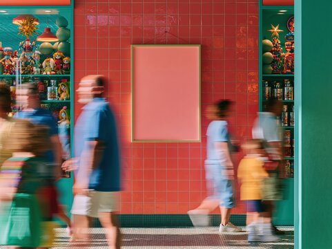 Blank poster mockup on a glossy red tiled wall in a vintage toy shop with blurry passersby, festive and warm for holiday branding