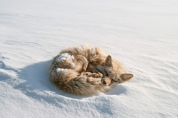 Fototapeta premium Fox sleeping curled in a tight ball on a frozen snowfield, peaceful and fluffy animal resting for wildlife and winter nature stories