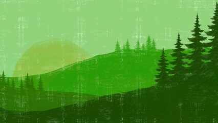 Textured green landscape with pine trees and sunset sun © Solly Gallery