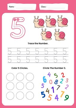 Educational math worksheet for children to practice writing, counting, and tracing the number five (5). Printable handwriting and number recognition activity page designed for preschool, kindergarten,