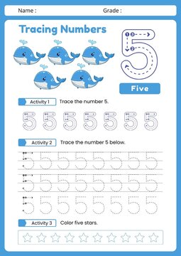 Educational math worksheet for children to practice writing, counting, and tracing the number five (5). Printable handwriting and number recognition activity page designed for preschool, kindergarten,