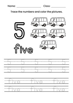 Educational math worksheet for children to practice writing, counting, and tracing the number five (5). Printable handwriting and number recognition activity page designed for preschool, kindergarten,