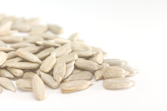 Pile of shelled sunflower seeds close up with shallow depth of field