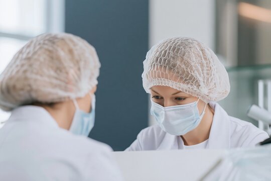 Two european specialists in lab coats and hairnets performing a technical check in a clean clinic, for healthcare and medical communication