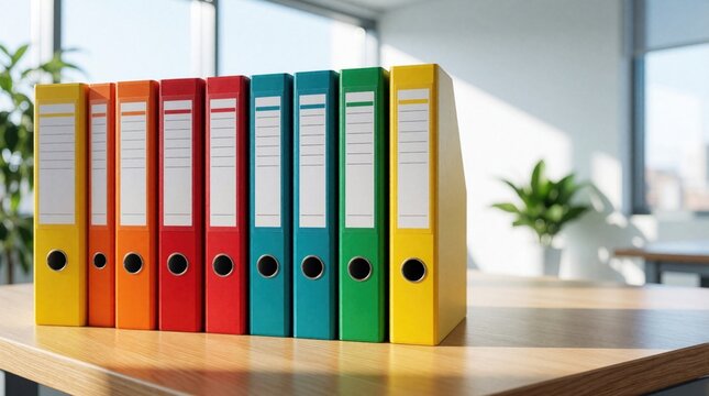 Colorful office binders stand in row on wooden desk in bright workspace. Employee files, HR documents organized in rainbow folders for business management. Paperwork storage system for human