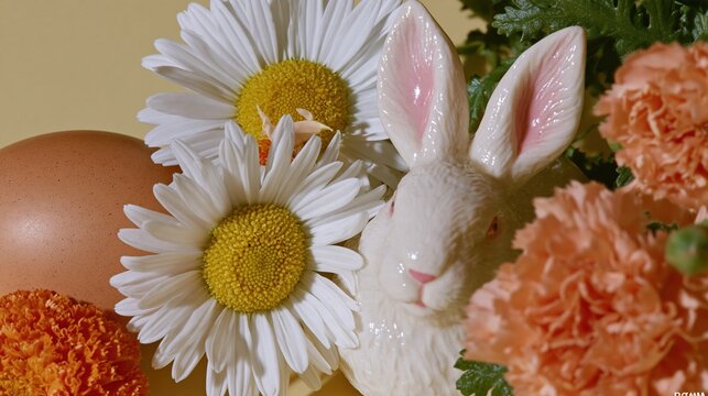 Miniature bunny house and colorful easter eggs with white daisies and orange flowers for a joyful spring celebration greeting