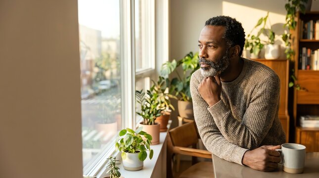 Black man with beard looking out window at home