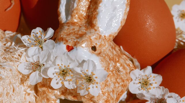 Miniature bunny house surrounded by colorful easter eggs and white spring flowers for seasonal greeting designs and holiday decor