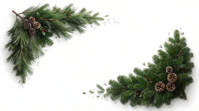 Festive evergreen branches with pinecones forming a decorative frame border