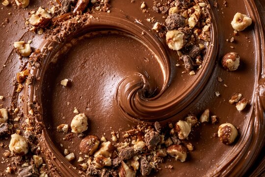 Chocolate ganache hazelnut spread in a glossy swirl with crushed nuts, a decadent dessert texture for confectionery packaging and advertising