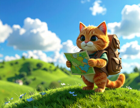 バックパックを背負って地図を見るかわいい子猫の冒険イラスト/Cute kitten with a backpack holding a map on an adventure, 3D illustration