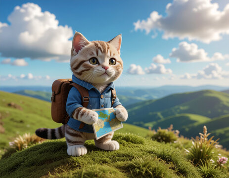 バックパックを背負って地図を見るかわいい子猫の冒険イラスト/Cute kitten with a backpack holding a map on an adventure, 3D illustration
