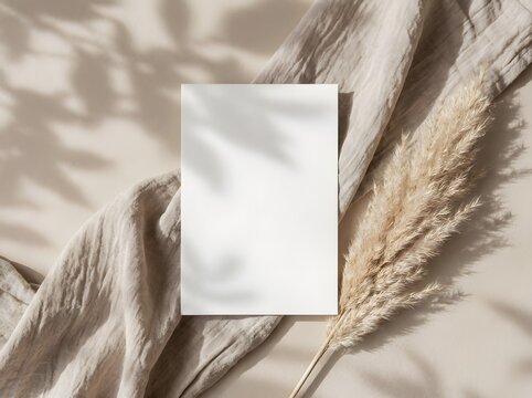 Minimalist blank card mockup with pampas grass and shadows
