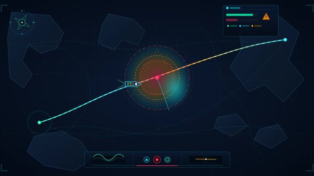 Digital tactical navigation hud interface with vector ship moving along route on dark background