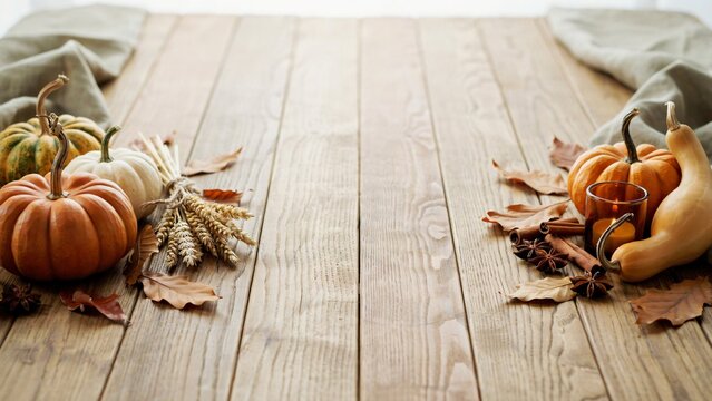 Cozy Autumn Thanksgiving Table Scene with Pumpkins, Candle Light, and Cinnamon Stiks on Light Wood