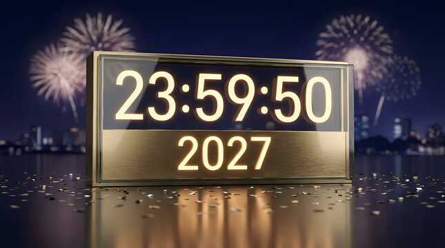 Digital Countdown Clock Displaying 23:59 2027 with Sparkling Fireworks Night Sky和城市 Reflections Scene