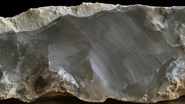 Flint texture with conchoidal ripples and a waxy glassy lustre across a grey face, featuring a chalky white edge for mineral design and backgrounds