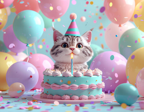 誕生日をお祝いする可愛い子猫の3Dイラスト、ケーキと風船の背景/Cute kitten celebrating birthday with cake and balloons, 3D illustration