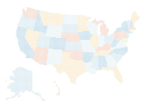 This pixel map outlines the geographical boundaries of the United States, clearly identifying individual states in different color for easy visualization and reference.