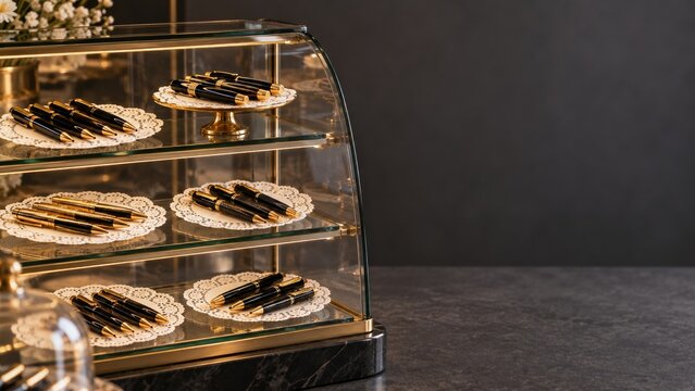 Black and gold pens displayed in a glass bakery case on paper doilies, featuring a sleek metallic finish and copy space for corporate advertising