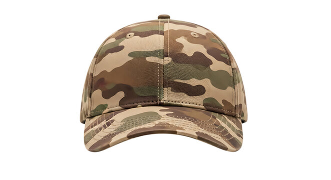Camouflage military style baseball cap with flat brim isolated on transparent background