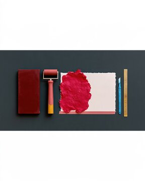 Deep plum inked slab and printmaking tools on a charcoal background, featuring textured paper and a steel scalpel for an artistic mockup