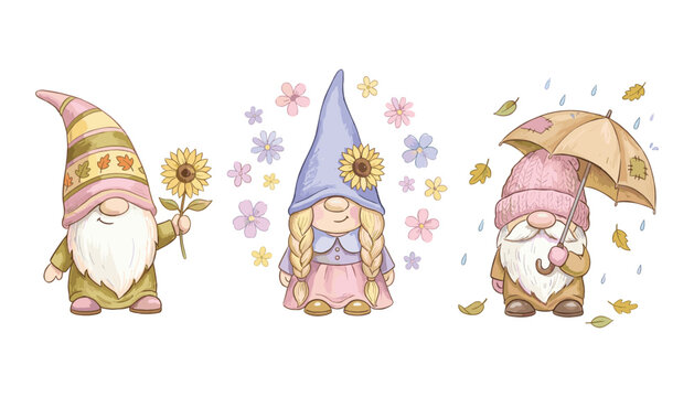 Cute garden gnomes with flowers and umbrella vector character set. Sunflower, rainy autumn leaves, pastel pointy hats, braids, white beard, fall season celebration and fairytale clip art.