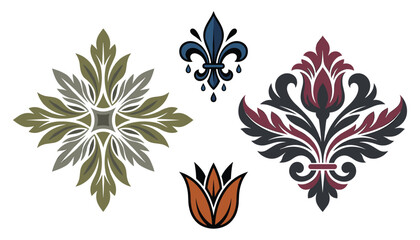 Damask floral vector elements set. Fleur de lis ornament, vintage acanthus leaf rosettes, tulip bud motif and baroque style decorative embellishments. © Sayem