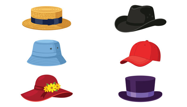 Fashion hats vector illustration set. Straw boater hat, cowboy hat, blue bucket hat, red baseball cap, sun hat with flowers and classic top hat.