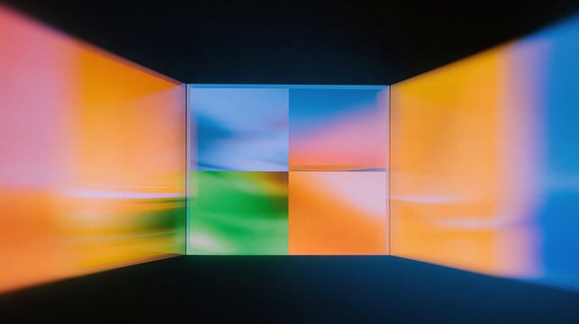 Abstract colorful tiles on a glowing monitor screen with a symmetrical design, featuring soft blurred light and vibrant tones for a digital mockup