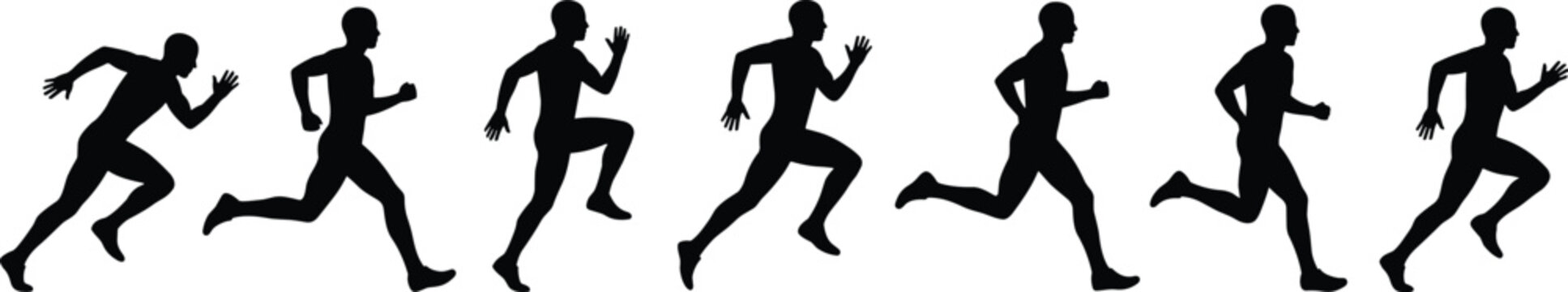 Black silhouette animation sequence of a male sprinter showing a full running cycle on white background