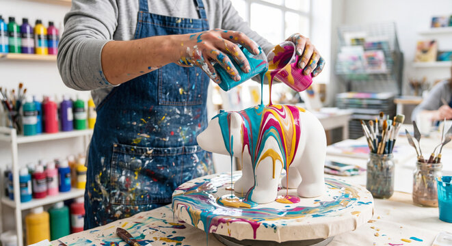 Bear figurine covered in colorful acrylic pouring paint on studio table for creative art workshop activity