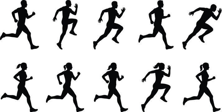 Black silhouette sequence of male and female runners demonstrating a running animation cycle on white background
