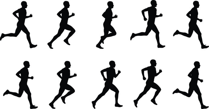 Black silhouette sequence of a male runner demonstrating a full running animation cycle on white background