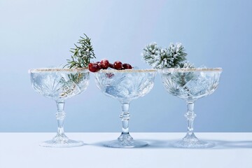 Obraz premium Three elegant coupe glasses with gilded rims and festive garnishes on a grey background, for party invitations and bar menus
