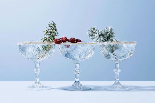 Three elegant coupe glasses with gilded rims and festive garnishes on a grey background, for party invitations and bar menus